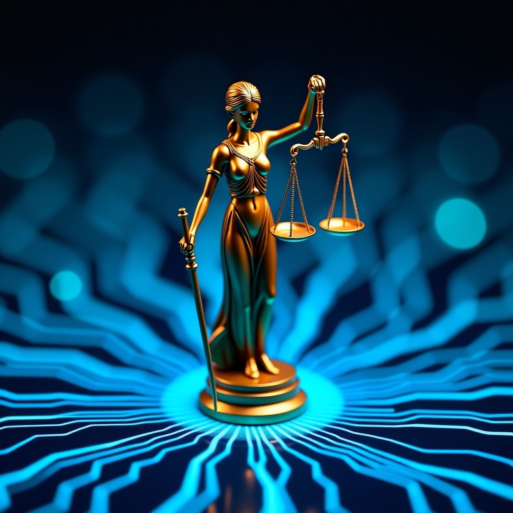A professional cinematic shot of a bronze lady justice scale standing on a glowing blue digital circuit board, representing the intersection of law and artificial intelligence technology, high contrast, 4:3