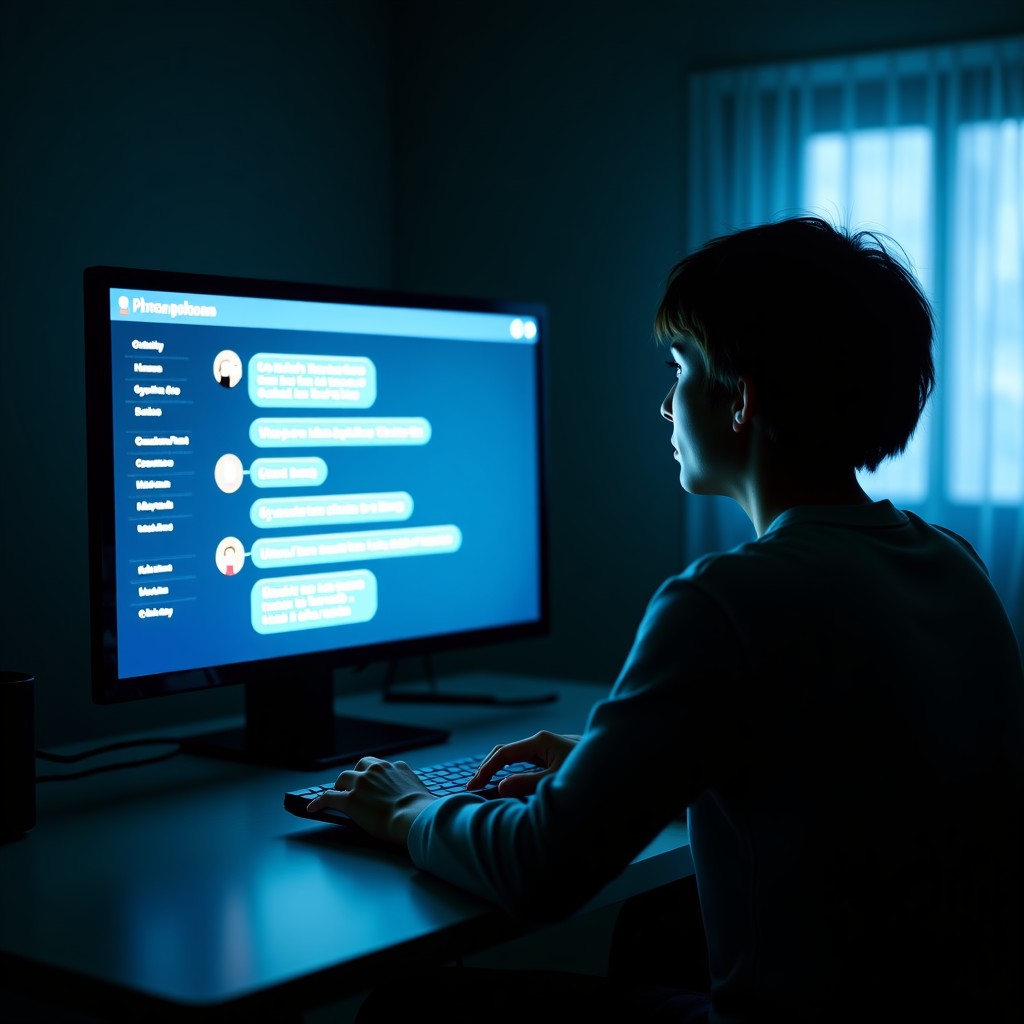 A dark room with a glowing screen showing a chat interface between a human and an AI, high contrast, cinematic lighting, conceptual photography, 4:3