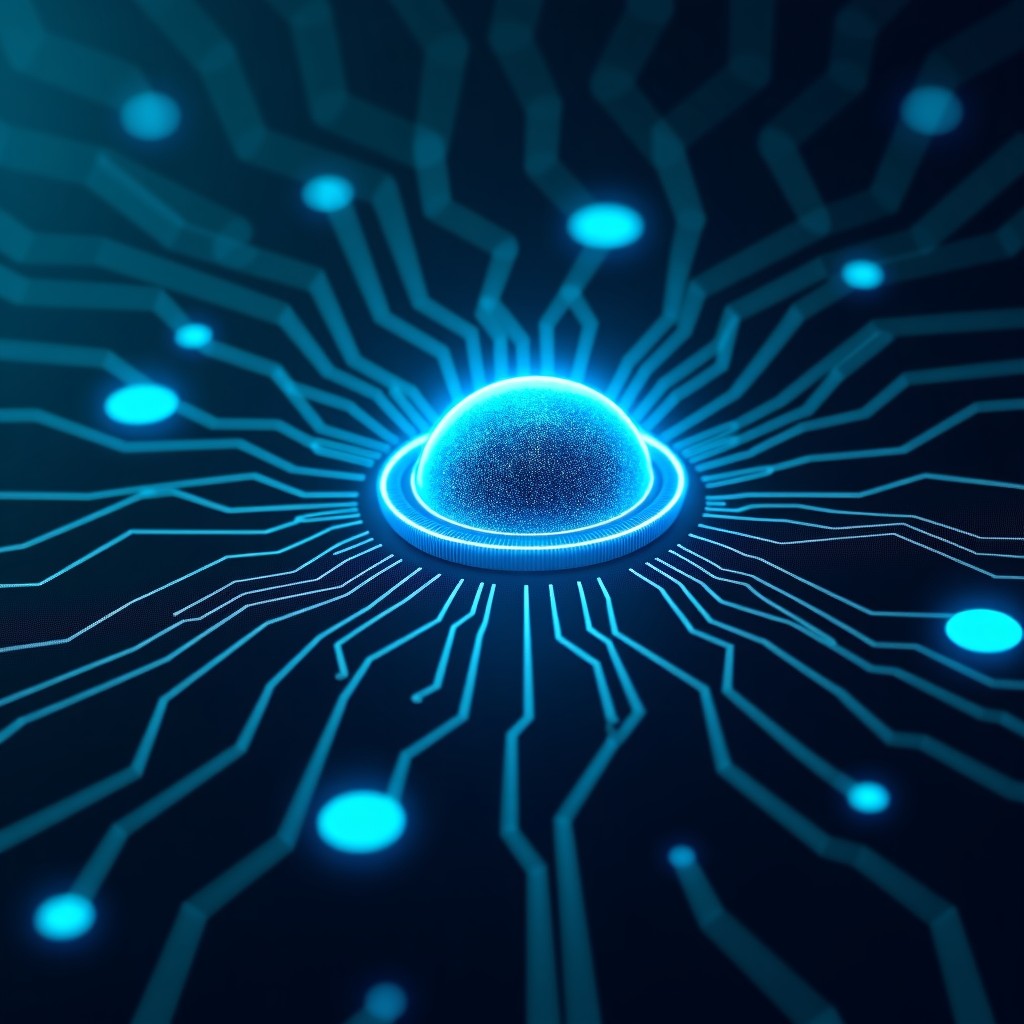 A conceptual representation of AI technology integrated with defense systems, digital neural network patterns, abstract tech background, professional aesthetic, cinematic lighting, 4:3 aspect ratio.