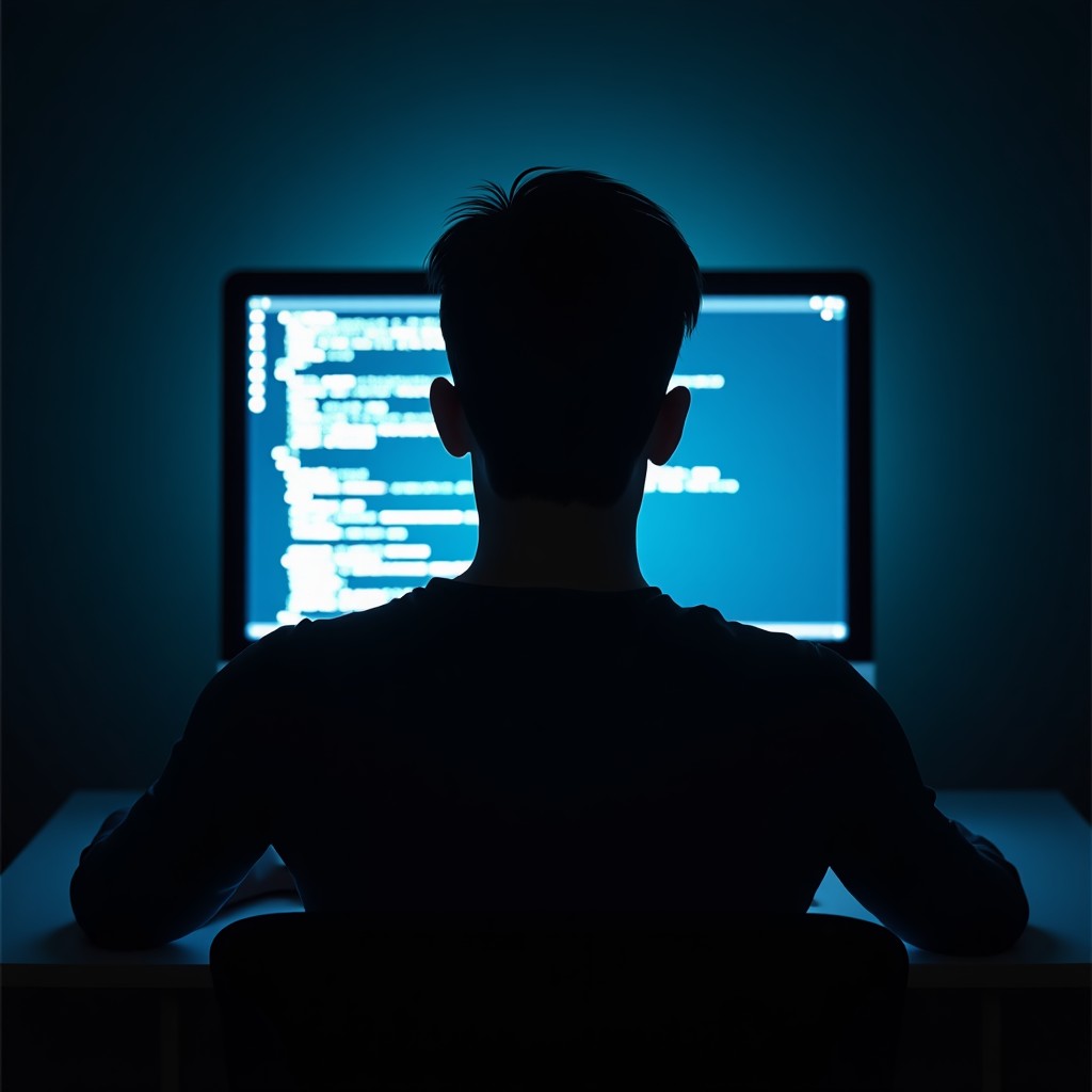 A dark, moody digital art piece showing a silhouette of a person sitting in front of a glowing computer screen, complex code patterns reflecting in their eyes, cinematic lighting, high contrast, 4:3
