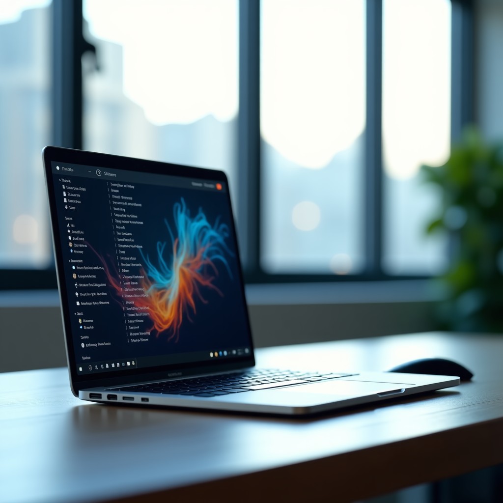 A professional workspace with a clean laptop and a futuristic interface, natural light coming through a window, minimalist design, high resolution, 4:3.