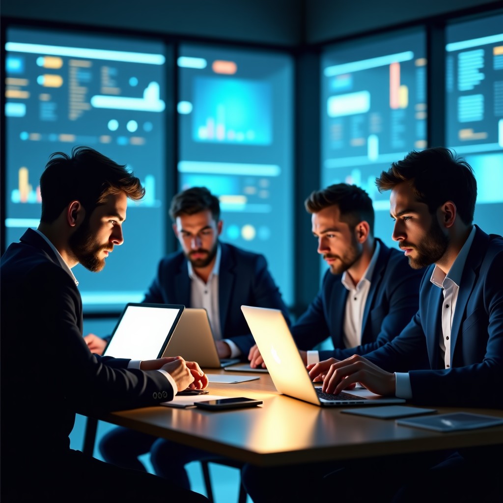A diverse group of professional tech workers and engineers looking focused and concerned, working on laptops in a modern glass-walled office with a futuristic digital interface, high contrast, warm lighting, 4:3