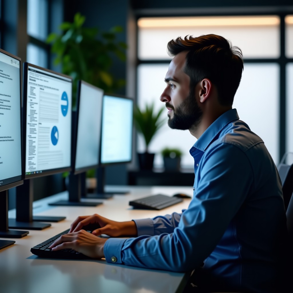 A closeup of a marketing specialist working in a modern office with multiple screens, focusing on digital performance, clean aesthetic, 4:3 ratio.