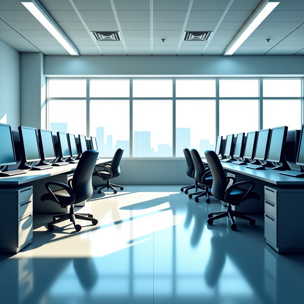 A clean and organized medical administrative office, technology-integrated, natural sunlight, 4:3 aspect ratio.