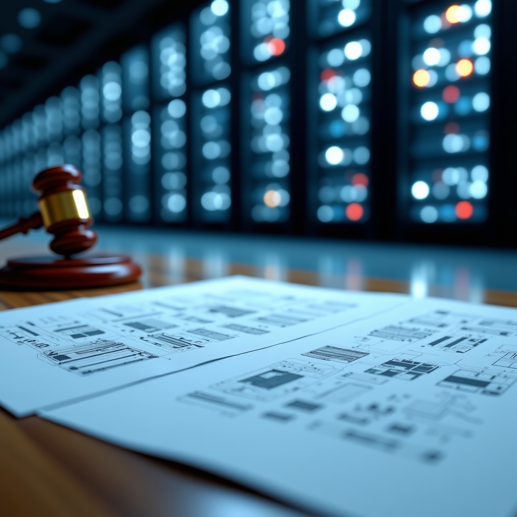 A professional workspace with legal documents and technical schematics of AI server racks, realistic, cinematic lighting, 4:3 aspect ratio.