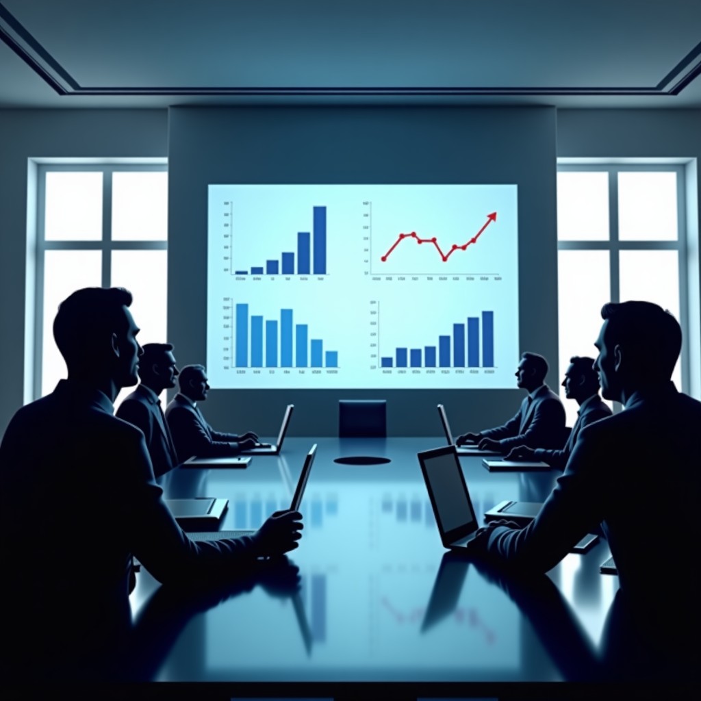 A professional business meeting in a bright boardroom, discussing charts and strategy, realistic, high quality, cinematic lighting, 4:3 ratio.