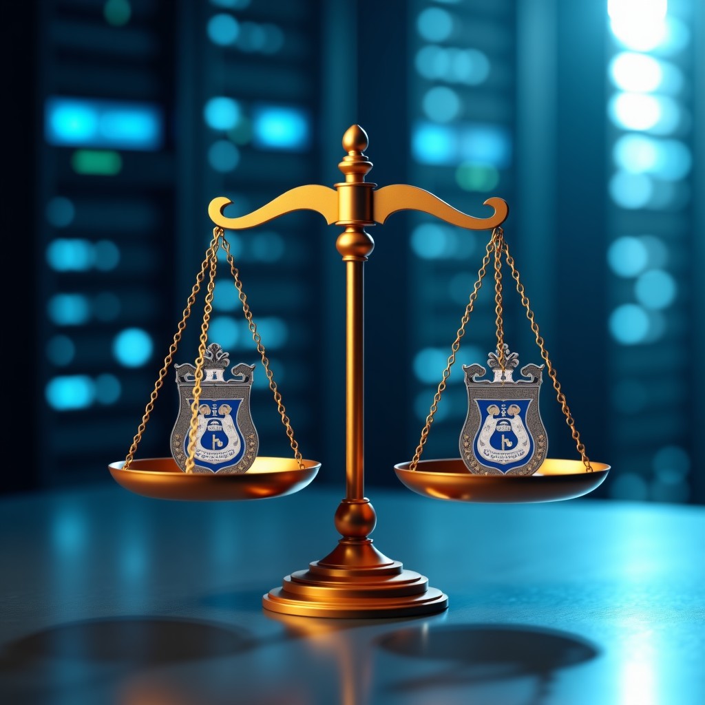 A conceptual image of scales balancing government emblems and digital server towers, cinematic lighting, 4:3 aspect ratio.