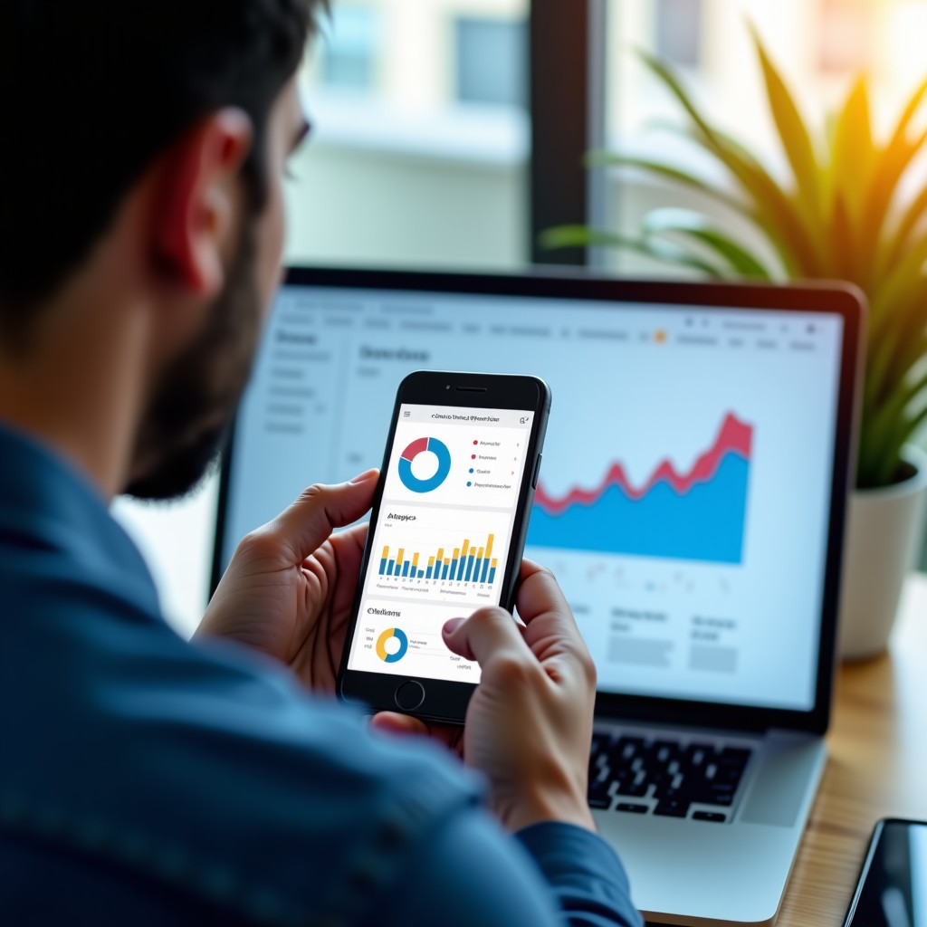 A person looking at analytics on a smartphone screen, urban office setting, professional atmosphere, vibrant colors, realistic, 4:3 ratio.
