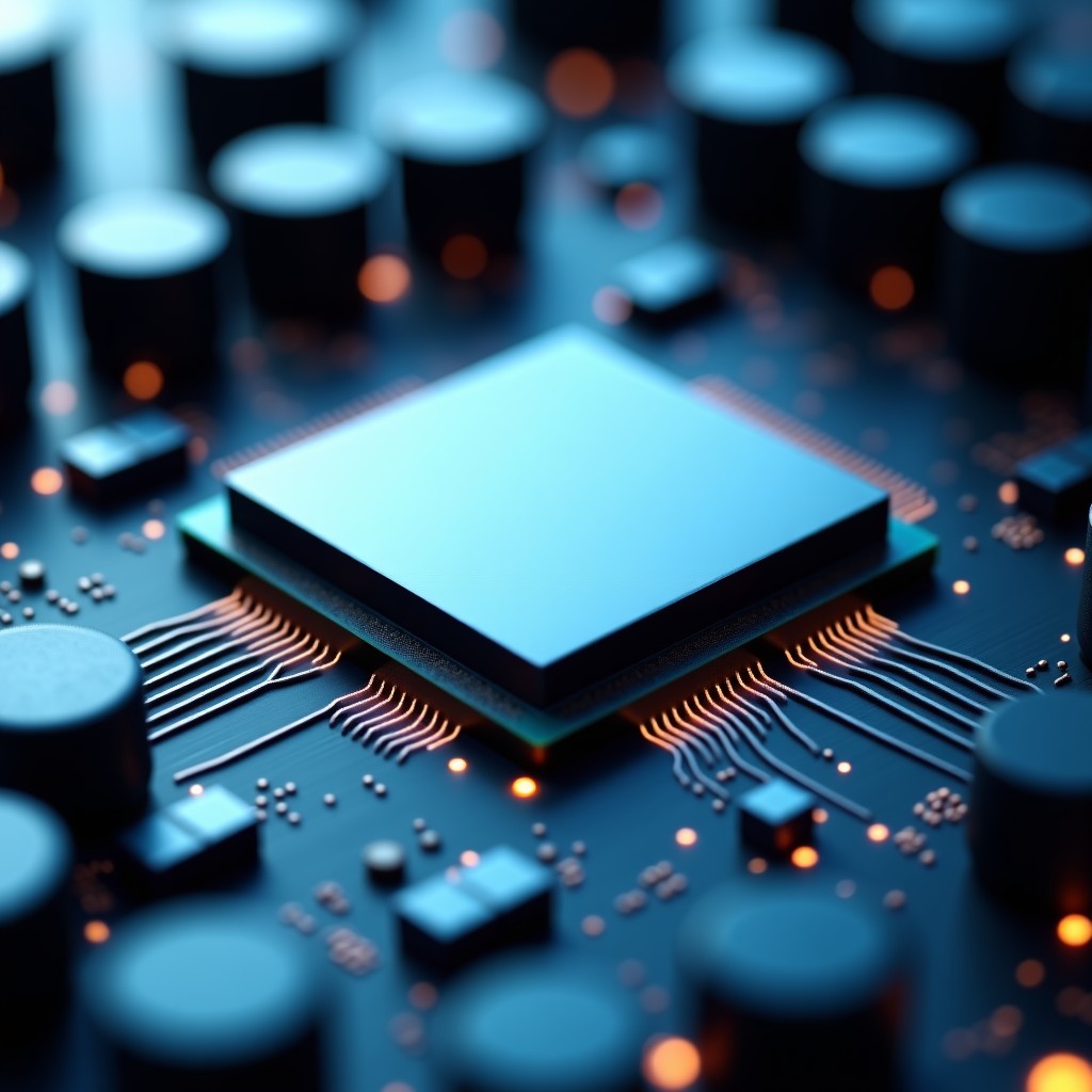 A high-tech macro shot of a sleek modern processor chip on a motherboard, abstract geometric circuits glowing in soft white, professional photography, shallow depth of field, 4:3 aspect ratio.