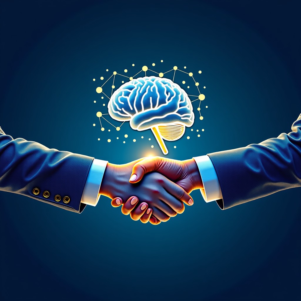 A conceptual illustration showing a digital handshake between a futuristic AI brain network and a modern government building, blue and gold color scheme, high contrast, 4:3