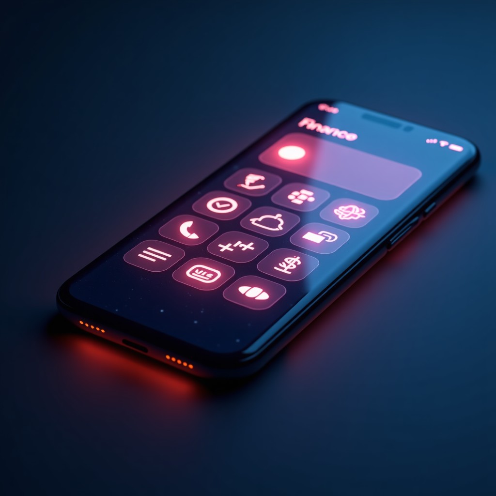 A futuristic digital finance interface on a smartphone screen showing glowing icons for payments and banking with a sleek modern design, dark mode aesthetic, cinematic lighting, 4:3 aspect ratio