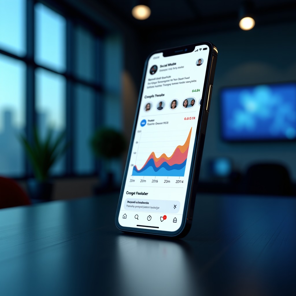 A modern digital workspace featuring a smartphone displaying a social media interface with growth charts and connection icons, professional lighting, cinematic style, 4:3 ratio.