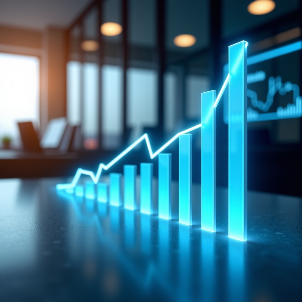 Digital visualization of growing bar charts and trend lines in a clean professional office environment, soft lighting, 4:3 aspect ratio.