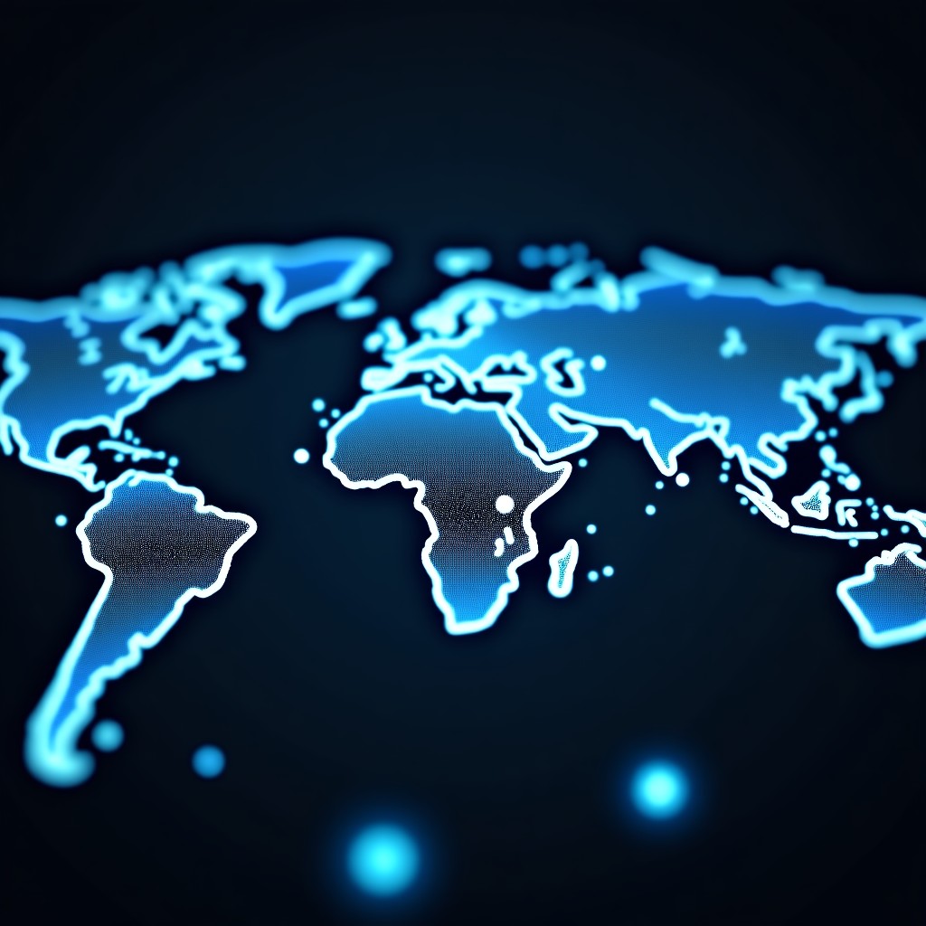 Abstract representation of global digital network connection with nodes and glowing lines, dark background, cinematic style, 4:3 aspect ratio.