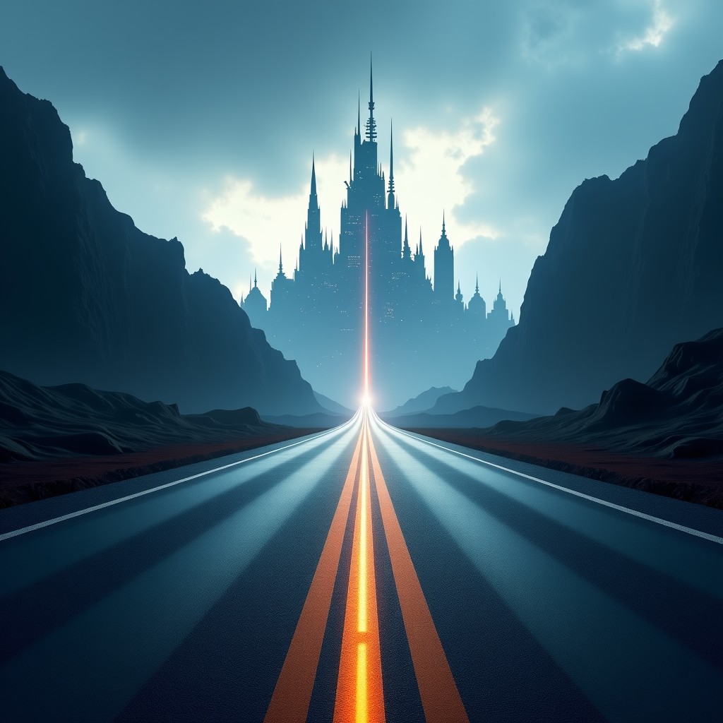 A conceptual image of a fork in the road, one path leading to a futuristic technological city and the other to a fortress, symbolic of the choice between commercial use and military application, realistic, dramatic lighting, 4:3 aspect ratio.