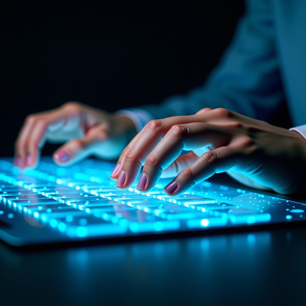 A conceptual image of human hands typing on a glowing translucent holographic keyboard, showing complex data nodes, dark background, 1:1