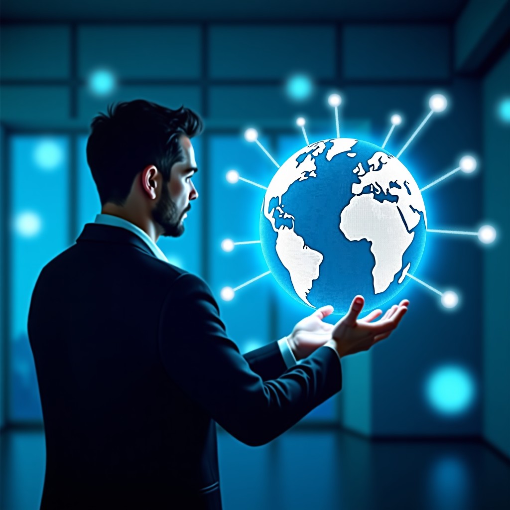 A professional person looking at a digital holographic globe showing network connectivity, blue and white color palette, clean modern aesthetic, professional photography style, 4:3 aspect ratio.