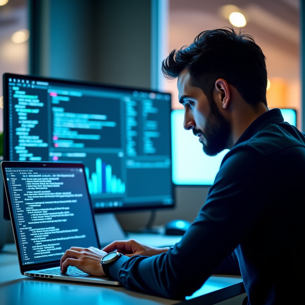A programmer working on a sleek modern laptop with digital holographic data visualizations around, natural lighting, professional setting, 4:3.