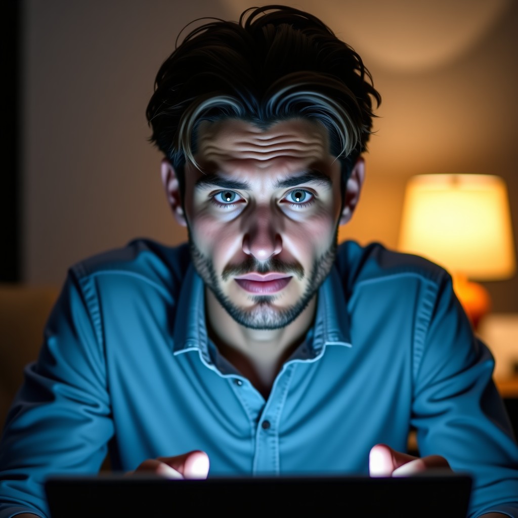 Confused person looking at a digital tablet with complex error messages, indoor home office, professional yet tense atmosphere, 4:3 aspect ratio.