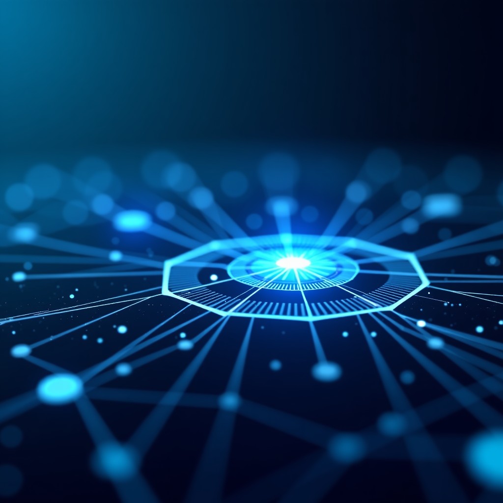 Abstract representation of digital connection and data security, geometric shapes and light trails, professional tech style, 4:3 aspect ratio