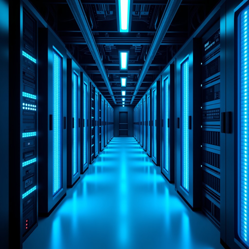 High-tech interior of a futuristic data center with glowing blue server racks and complex cabling, professional photography, clean composition, 16:9 aspect ratio.