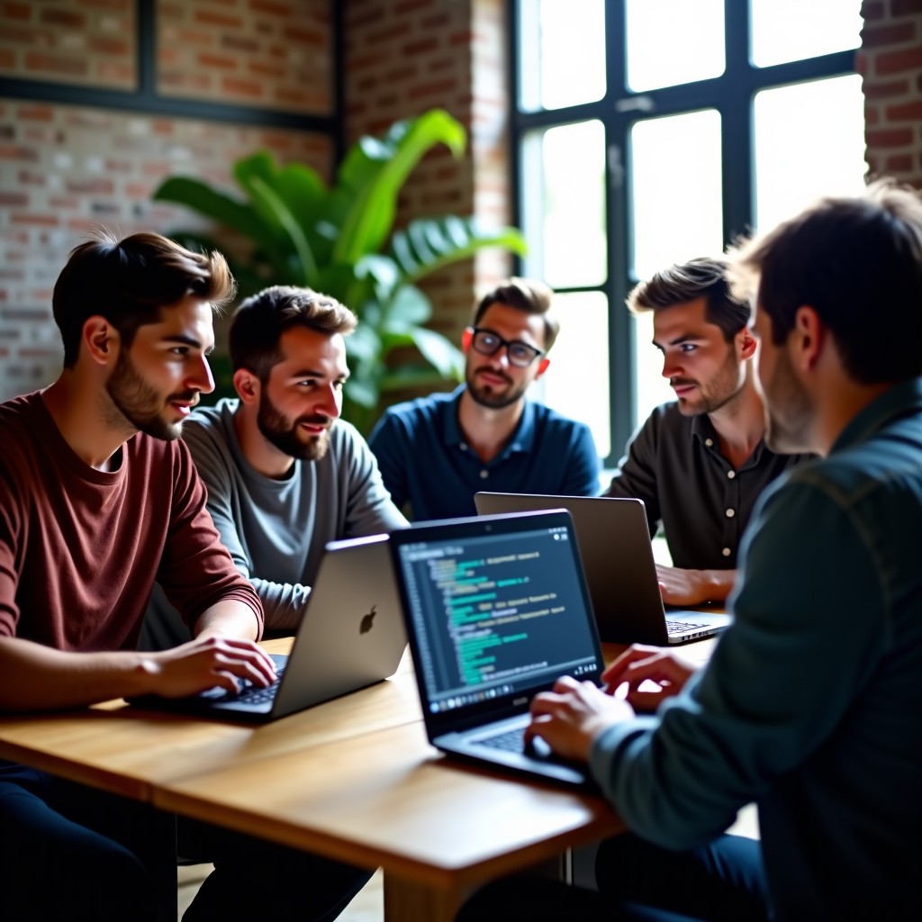 Diverse group of young software developers discussing code on laptops in a creative studio, natural candid lighting, tech meetup vibe, 4:3