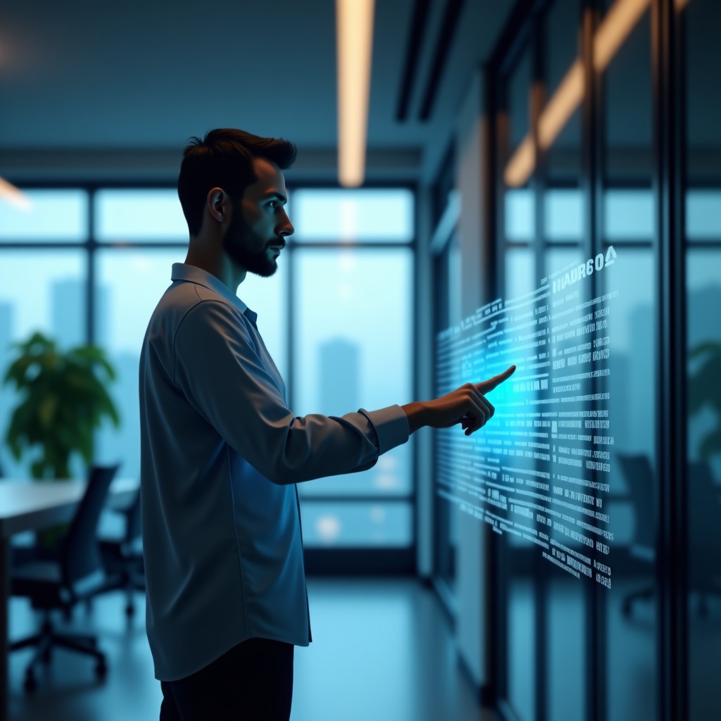 A professional using a holographic computer interface, focus on hands and technology, clean modern interior, soft ambient light, hyper-realistic, 4:3.