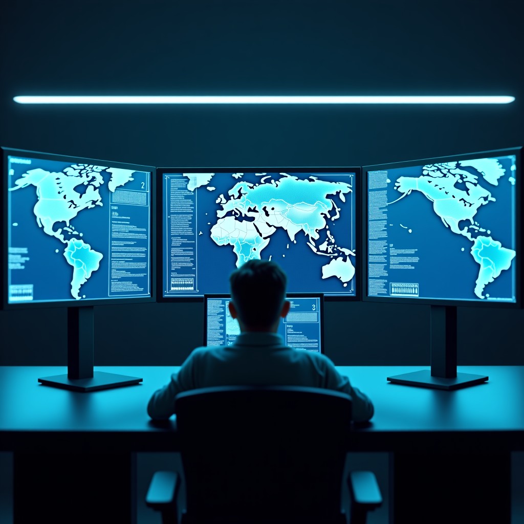 Conceptual image of a futuristic tech office desk with screens showing global data streams and a subtle military radar interface, high resolution, 4:3 aspect ratio.