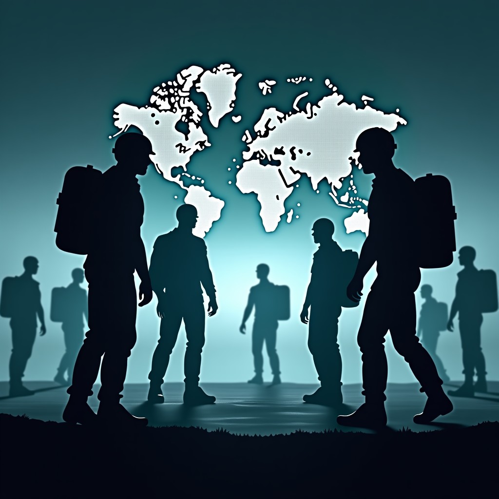 A dramatic conceptual illustration of a high-tech robotic interface clashing with military strategy map silhouettes in a dark aesthetic, cinematic lighting, realistic style, 16:9 aspect ratio.