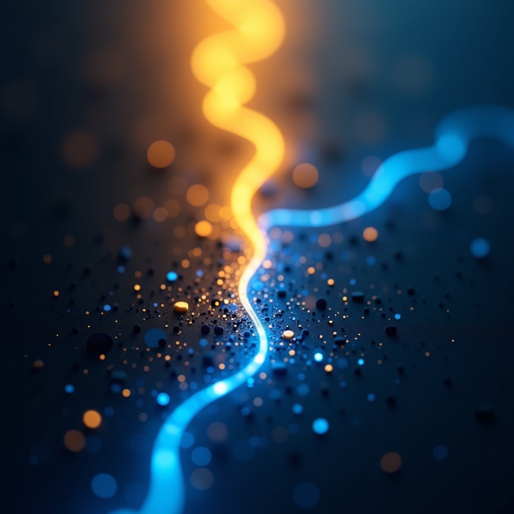 A complex abstract image representing the intersection of data stream and ethical balance, gold and blue light contrast, clean background, 16:9 aspect ratio.