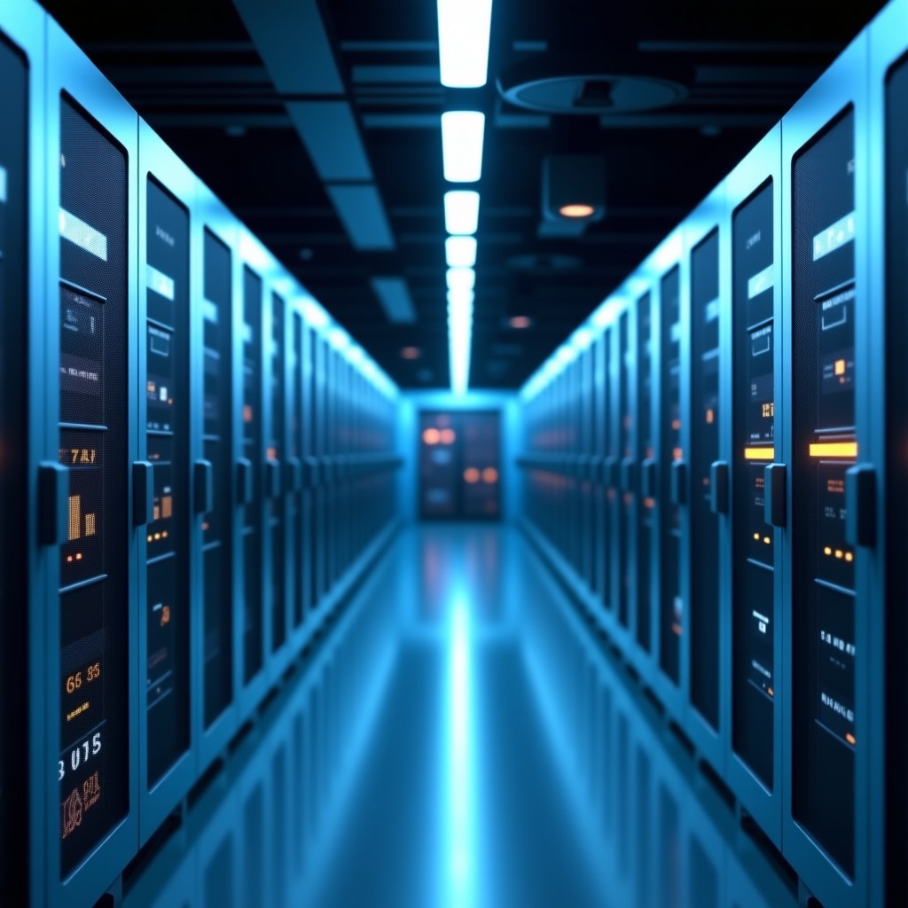 A high-tech laboratory environment with server racks and holographic interfaces, clean lighting, focus on technology and innovation, cinematic style, 4:3 aspect ratio