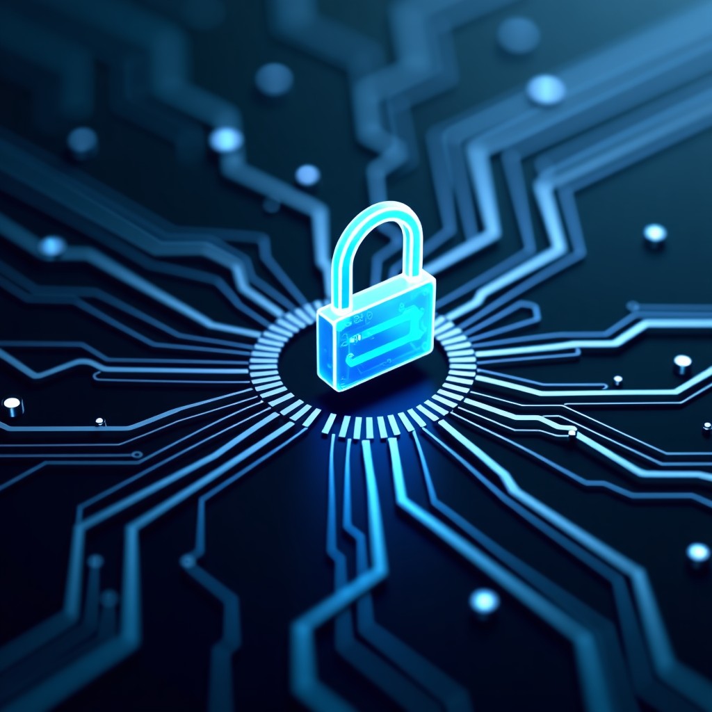 Cyber security concept with a lock icon integrated into a circuit board design, sleek metallic aesthetics, 4:3