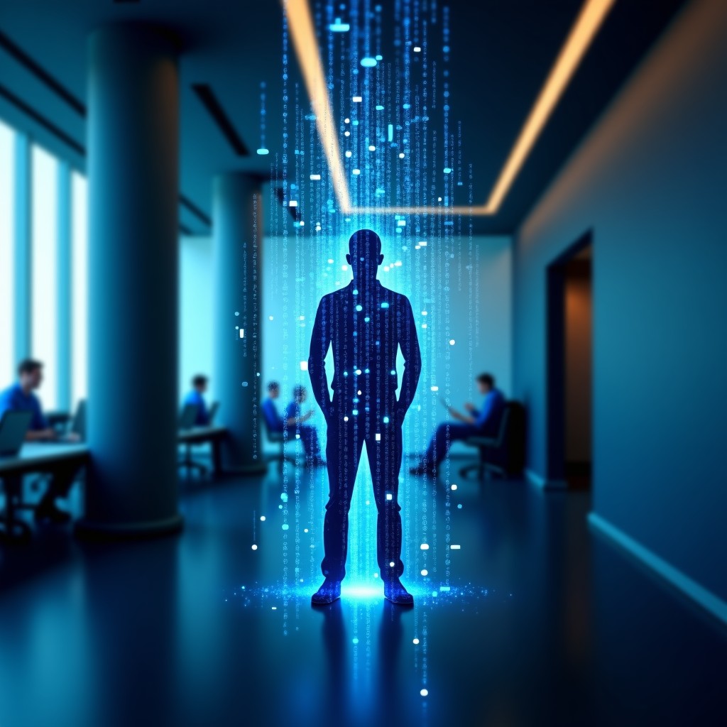 Conceptual art showing fragmented digital data streams merging into a human silhouette, vibrant digital network, sleek modern office background, soft depth of field, 4:3