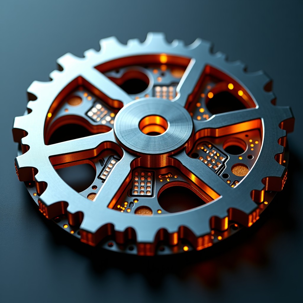 Intricate gear mechanism made of digital circuit boards, glowing components, metallic finish, professional photography, clean background, 4:3