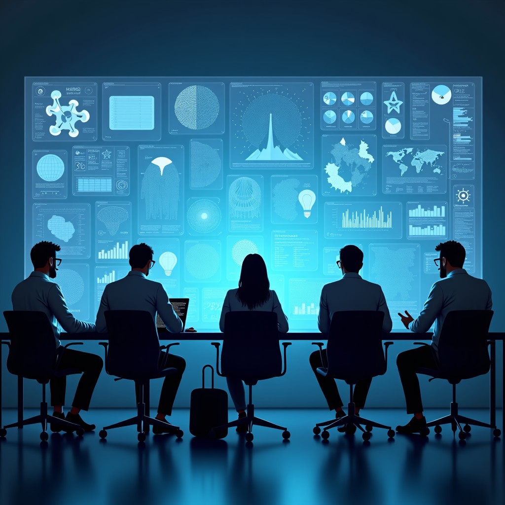 Diverse team of researchers discussing complex digital maps and AI algorithms in a modern minimalist workspace, soft office lighting, focused atmosphere, realistic style, 4:3 aspect ratio.