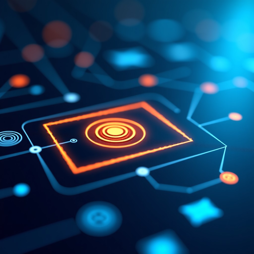 Close-up of a digital authentication stamp on an AI-generated image interface, modern tech design, high contrast, blue and orange color palette, 4:3