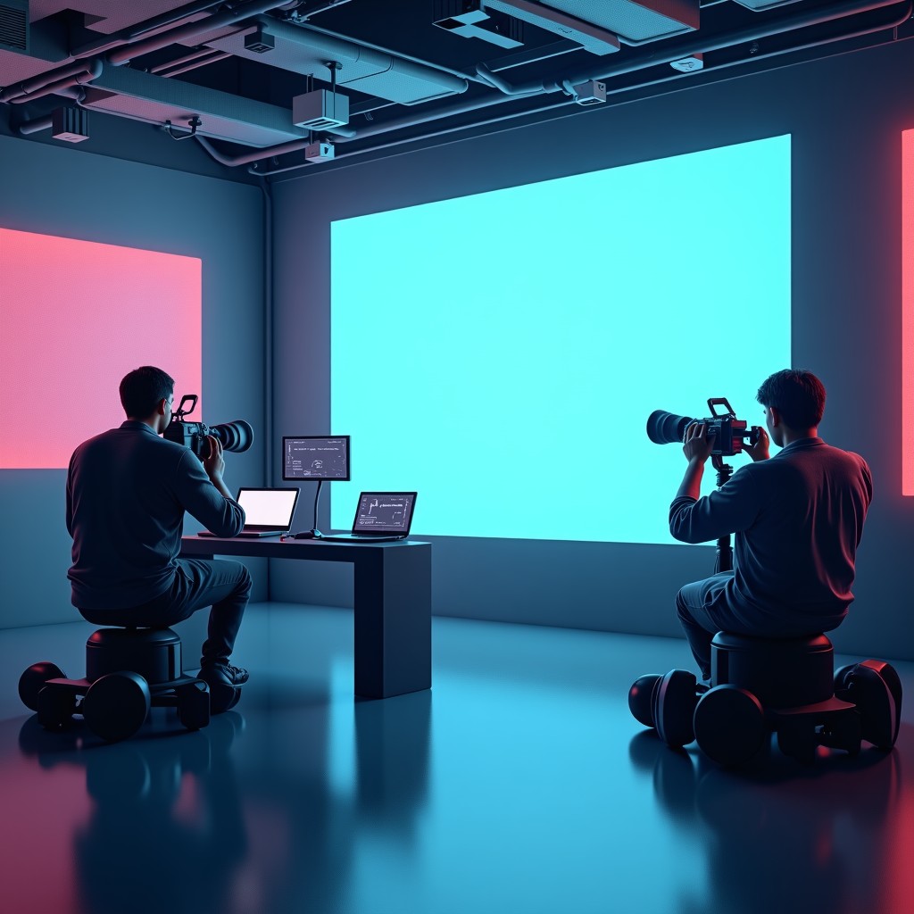 Concept art of digital video production with AI integration, futuristic studio equipment, clean lighting, 4:3