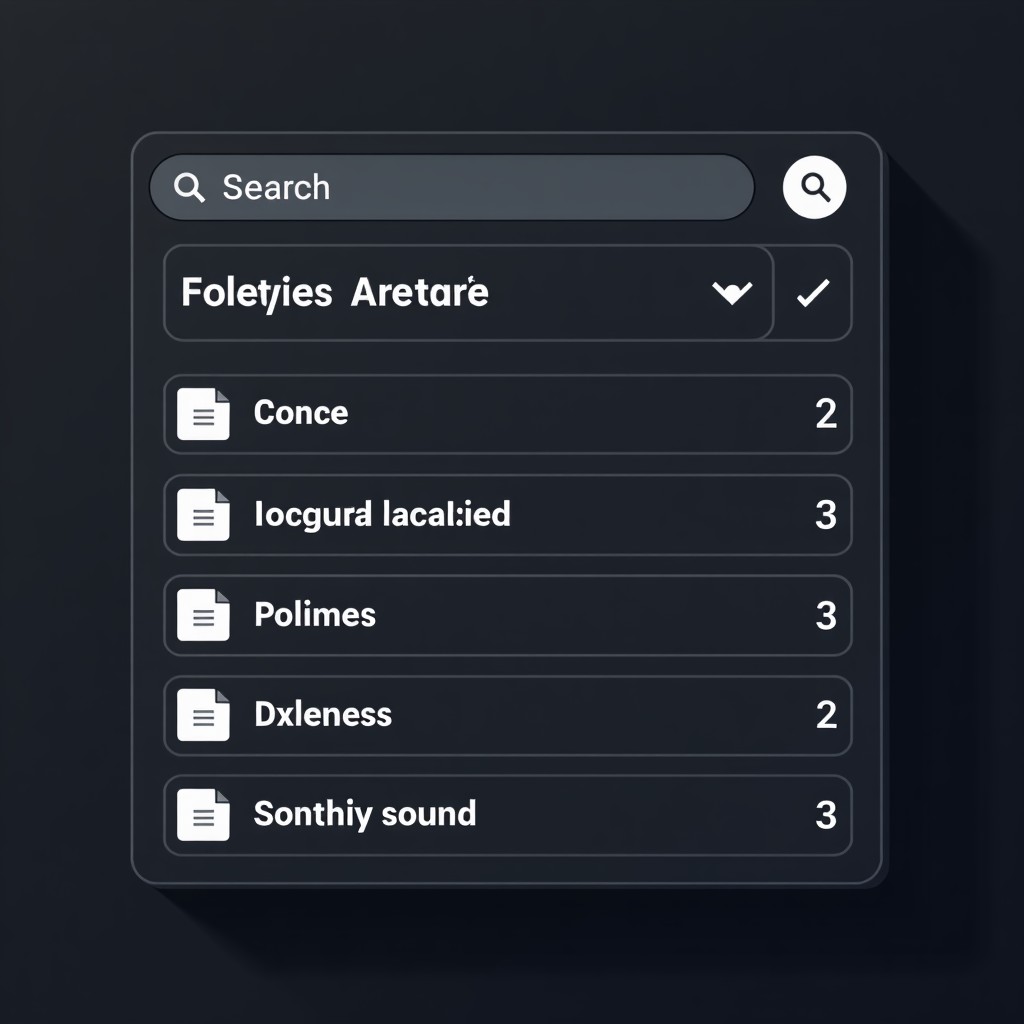 Minimalist digital archive interface showing natural language search results with AI summaries and organized folders on a clean dark background 4:3
