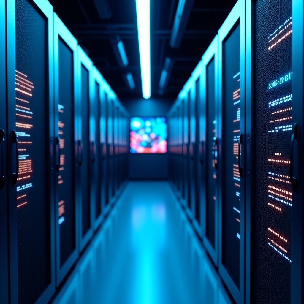 Modern server rack room with glowing fiber optic cables, clean and organized tech environment, abstract data representation in the background, sharp focus, 4:3 aspect ratio