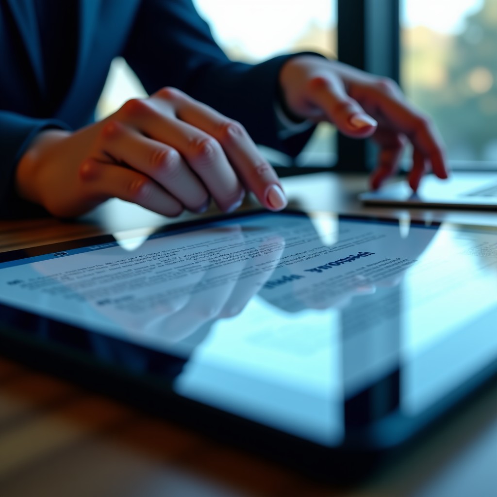 Close-up of a professional tablet interface showing complex legal document analysis with AI assistance, cinematic lighting, 4:3 ratio.