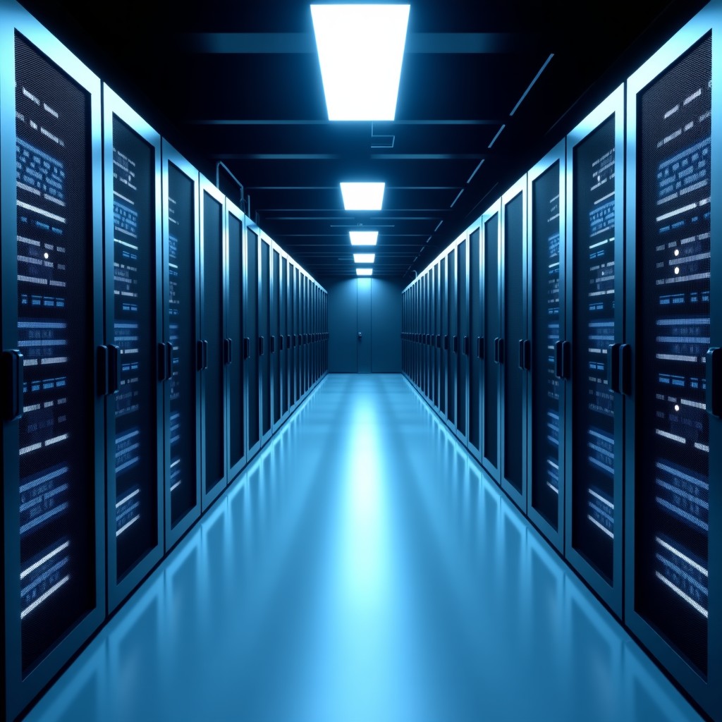 An expansive modern server room filled with rows of glowing server racks, symmetrical composition, cold color palette, professional photography, high detail, aspect ratio 16:9