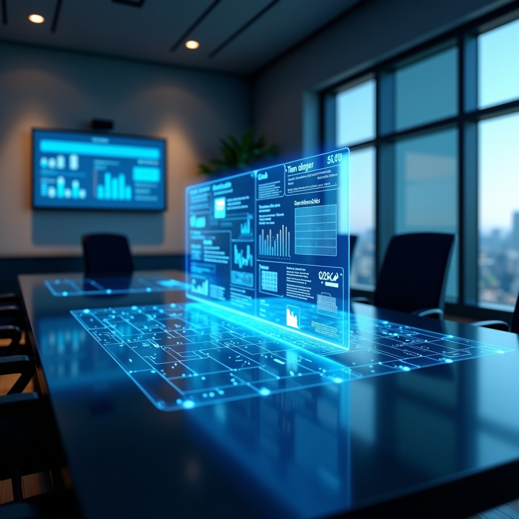 A sleek modern office setup with hologram interfaces showing data flows and digital connections, professional, realistic, sharp focus, 4:3.