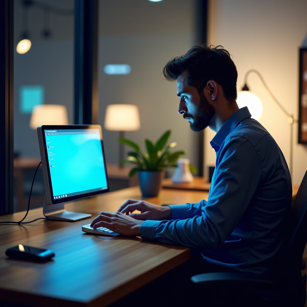 A professional person working on a desk with a futuristic digital assistant, creative and collaborative environment, soft lighting, 4:3.