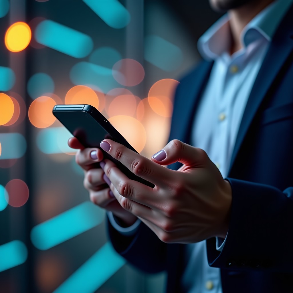 스마트폰을 들고 있는 손과 추상적인 AI 데이터 흐름