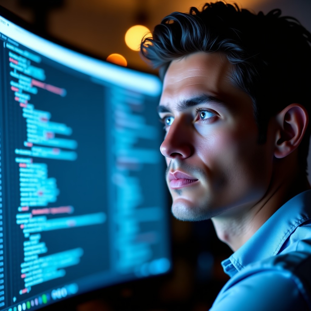 Close up of a software developer editing lines of code on a monitor, reflecting a serious and focused expression, professional tech environment, soft office lighting, high quality, 4:3
