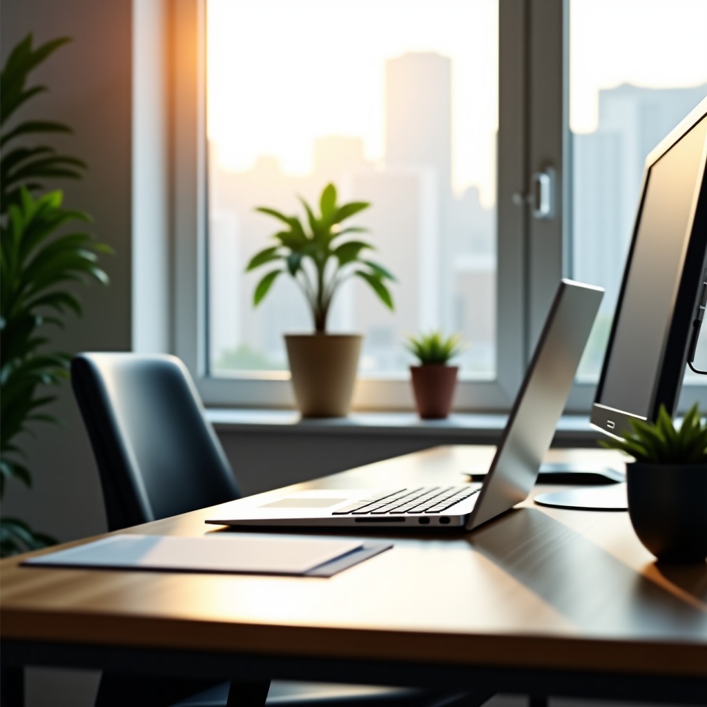 A professional shot of a workspace, soft natural light, clean desk, focus on responsible technology, realistic, 4:3.