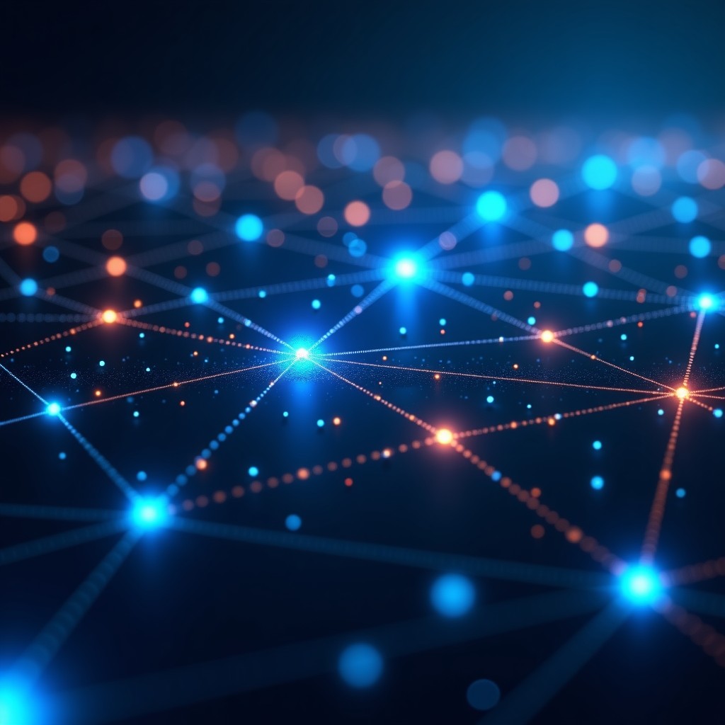 Digital visualization of a complex network graph, glowing nodes and lines connecting to form an intelligent architecture, professional tech aesthetic, 4:3 ratio.