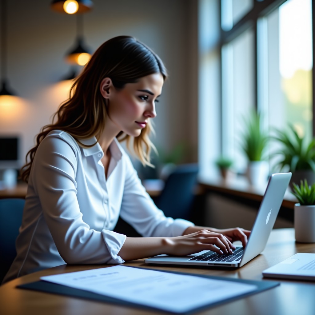 An abstract representation of a digital assistant managing documents on a laptop, professional atmosphere, modern office aesthetic, sharp focus, 4:3.
