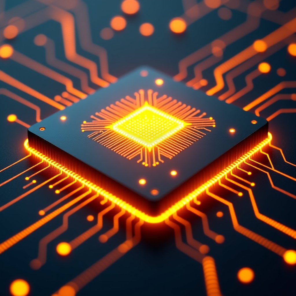 Abstract representation of a powerful microchip architecture, glowing circuit patterns, golden and dark metallic textures, microscopic detail, 4:3 aspect ratio.