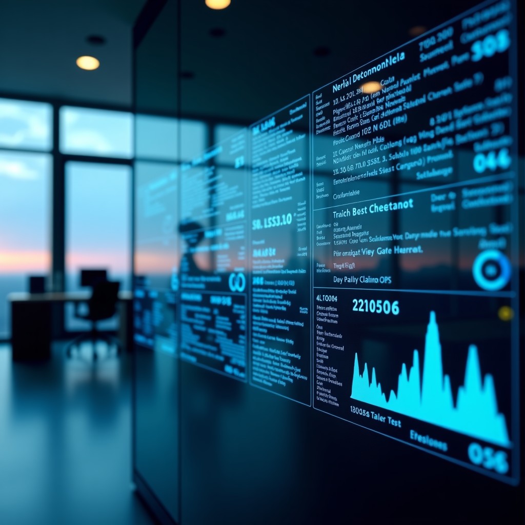 A high-tech digital interface displaying complex data streams and neural network structures in a modern office, sharp focus, clean composition, professional style, 4:3.